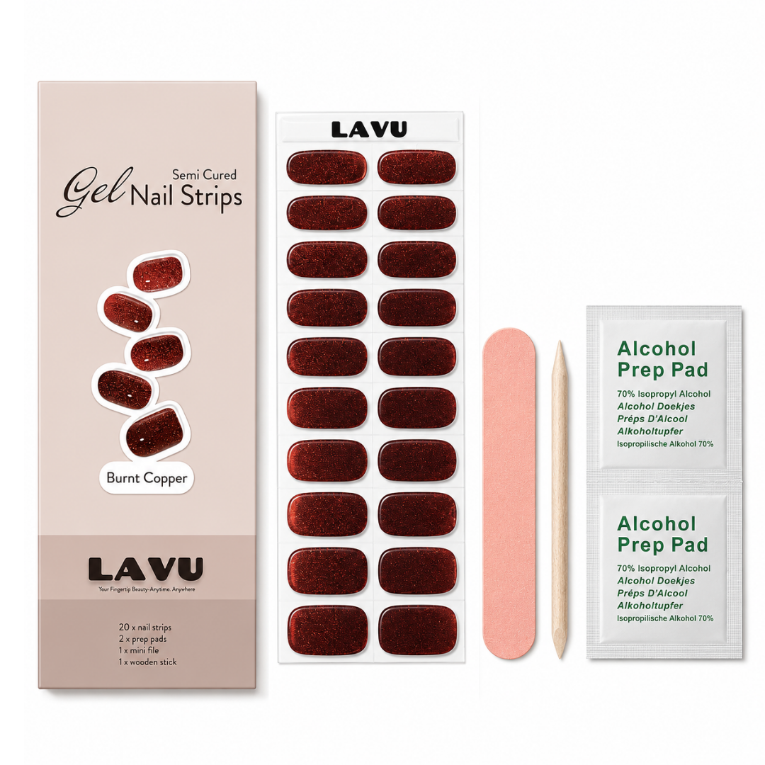 Burnt Copper metallic deep copper semi-cured gel nail strips by LAVU