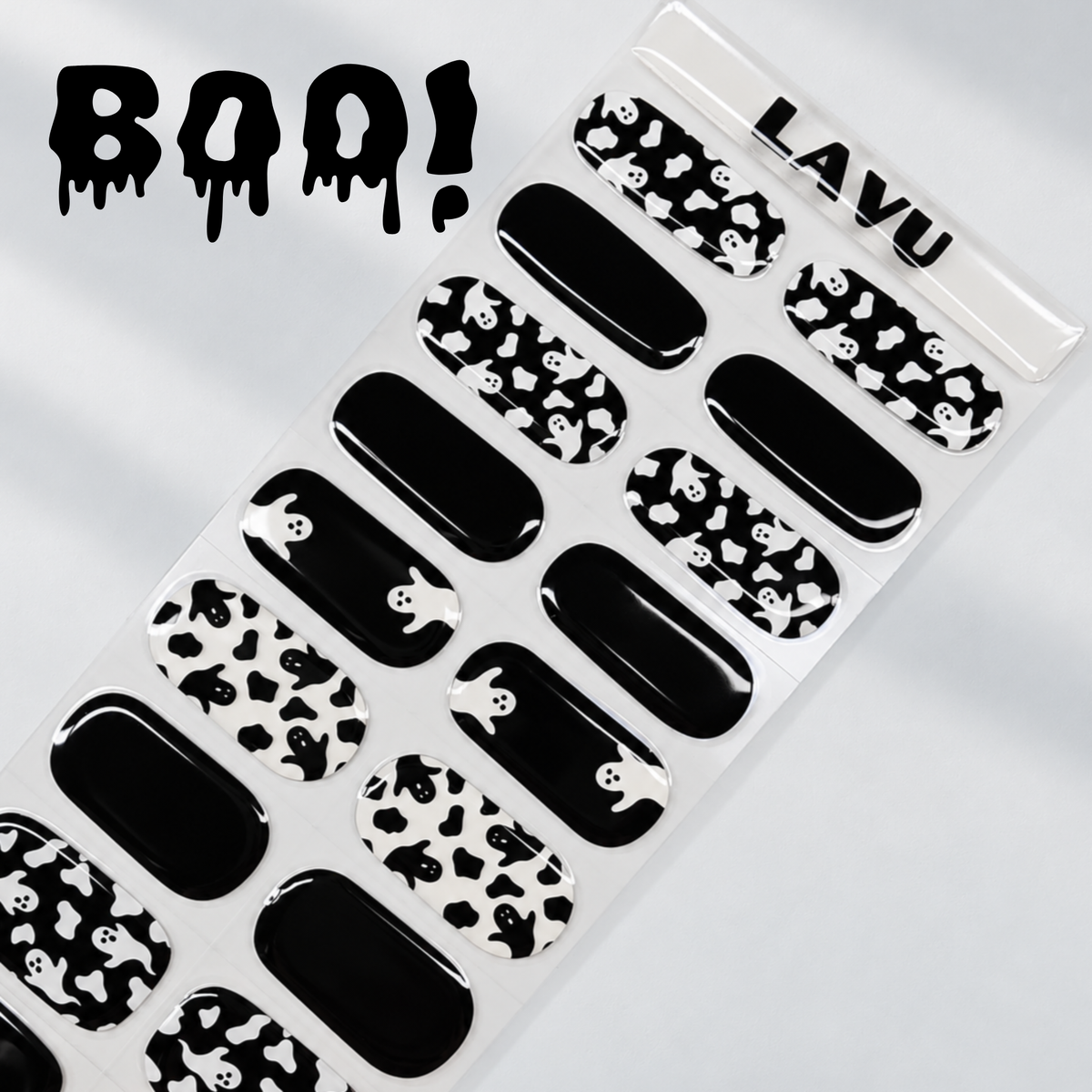 Boo Crew black and white ghost Halloween semi-cured gel nail strips by LAVU