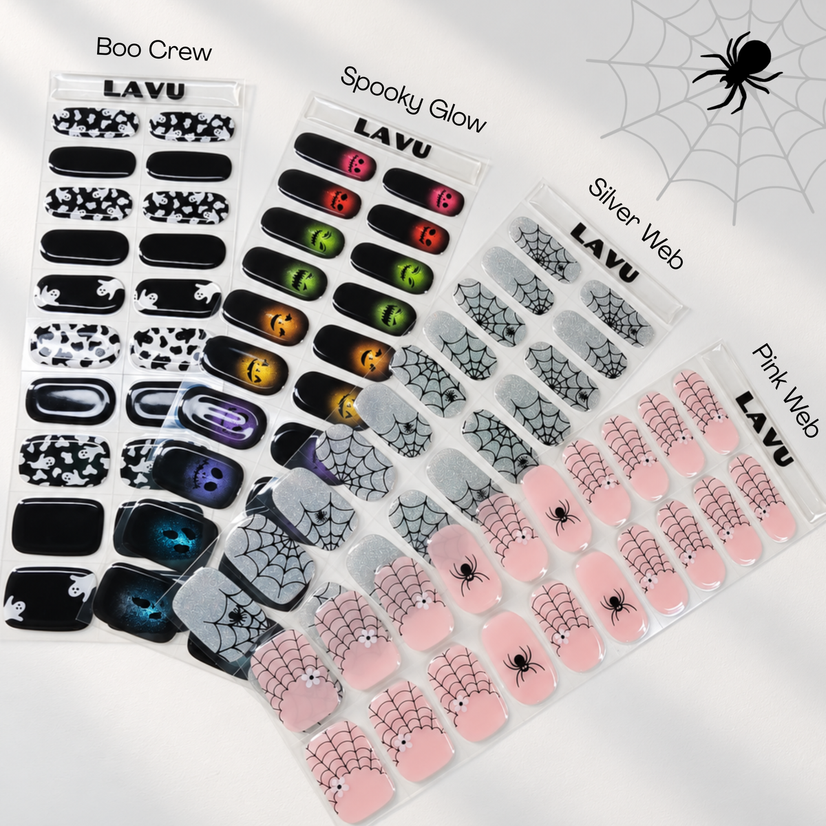LAVU Halloween semi-cured gel nail strips featuring spiderwebs, ghosts and colourful spooky designs