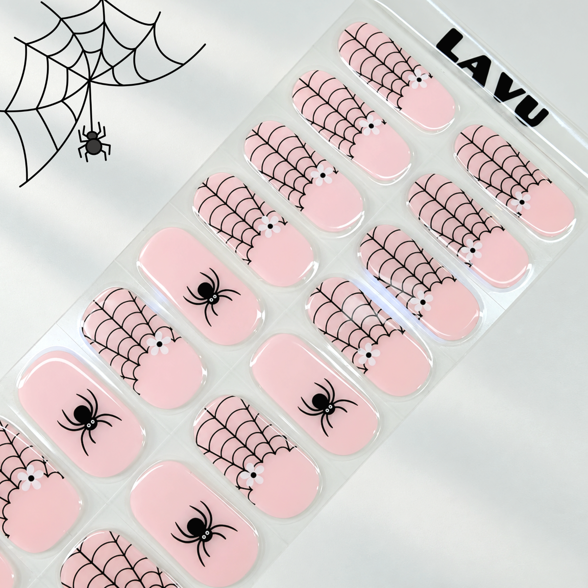 Pink Web pink spiderweb and ghost Halloween semi-cured gel nail strips by LAVU