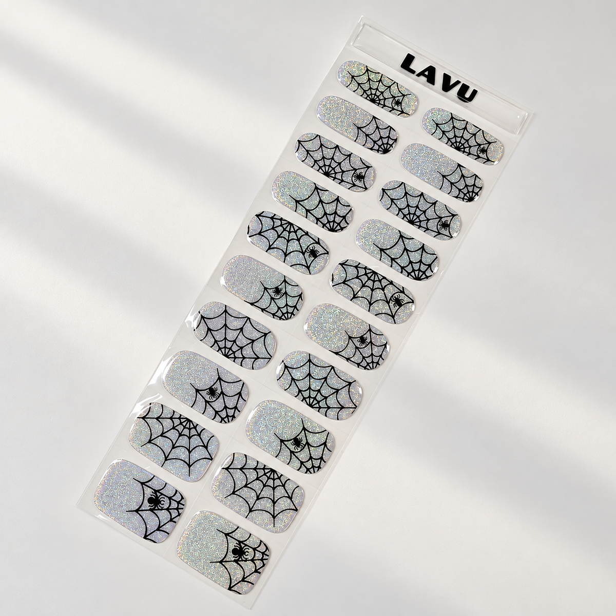 Silver Web holographic spiderweb Halloween semi-cured gel nail strips by LAVU