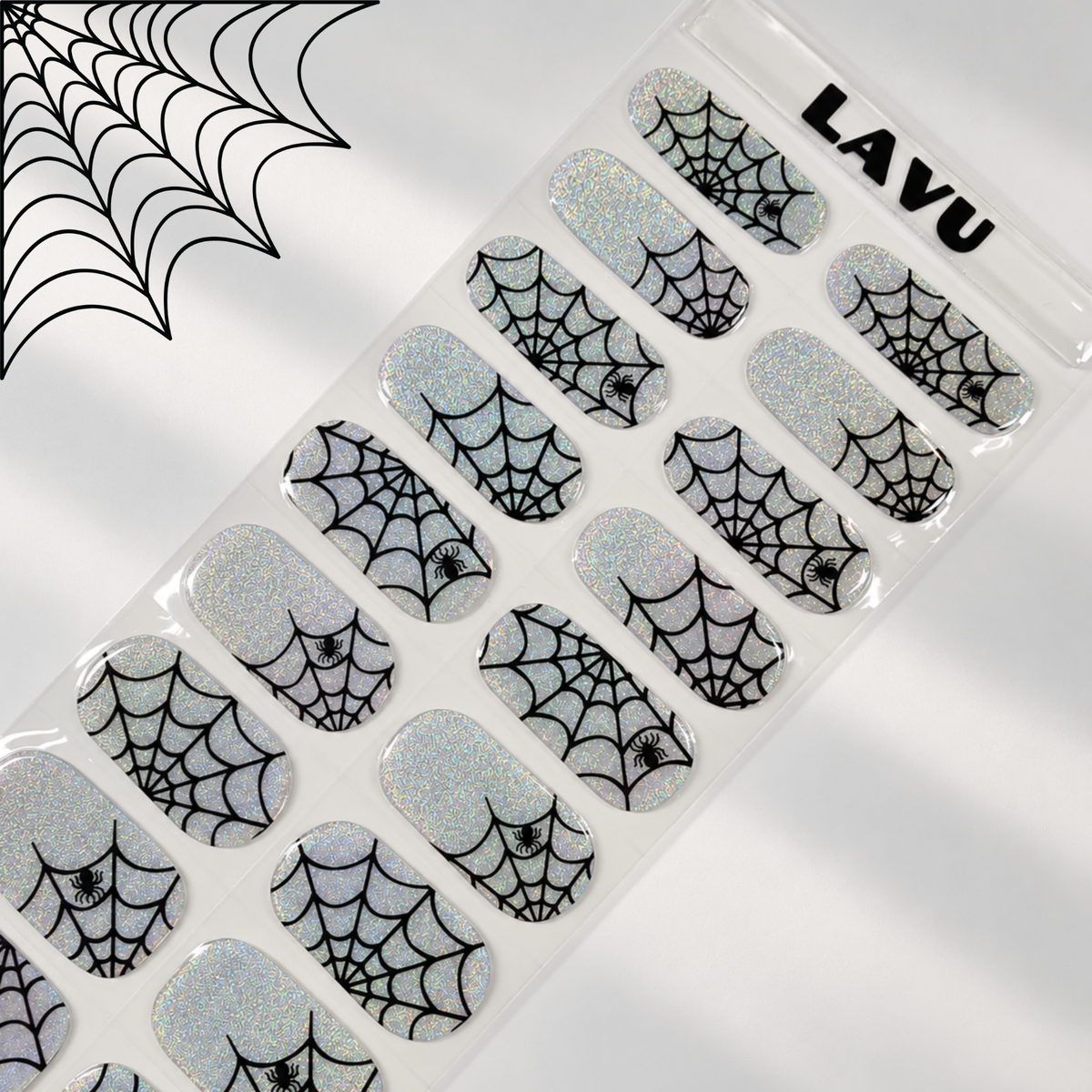 Silver Web holographic spiderweb Halloween semi-cured gel nail strips by LAVU