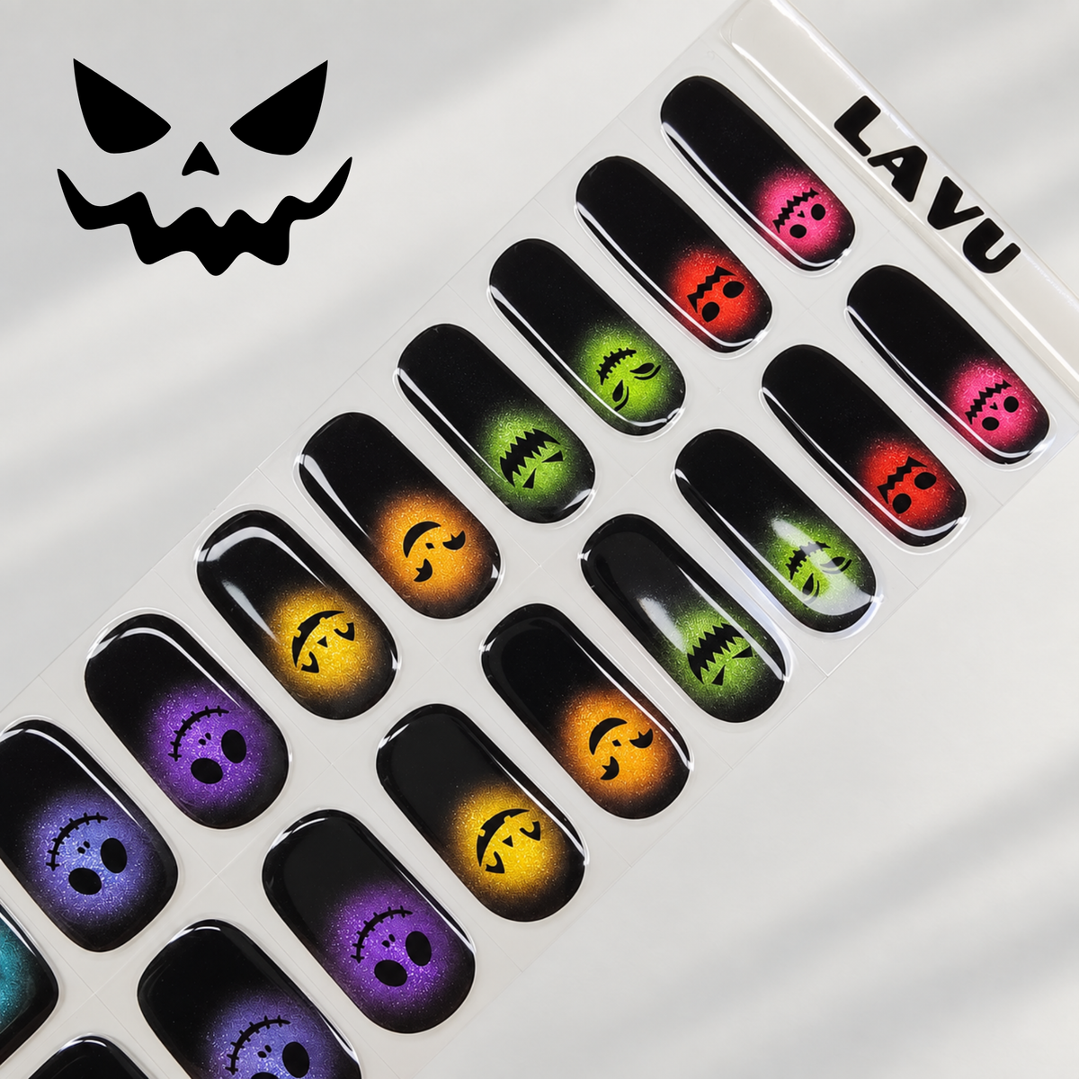 Spooky Glow colourful ghost and pumpkin Halloween semi-cured gel nail strips by LAVU
