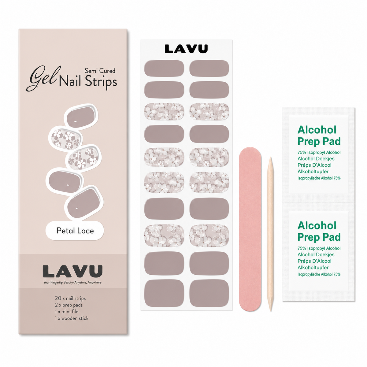 Petal Lace floral semi-cured gel nail strips package inclusion by LAVU