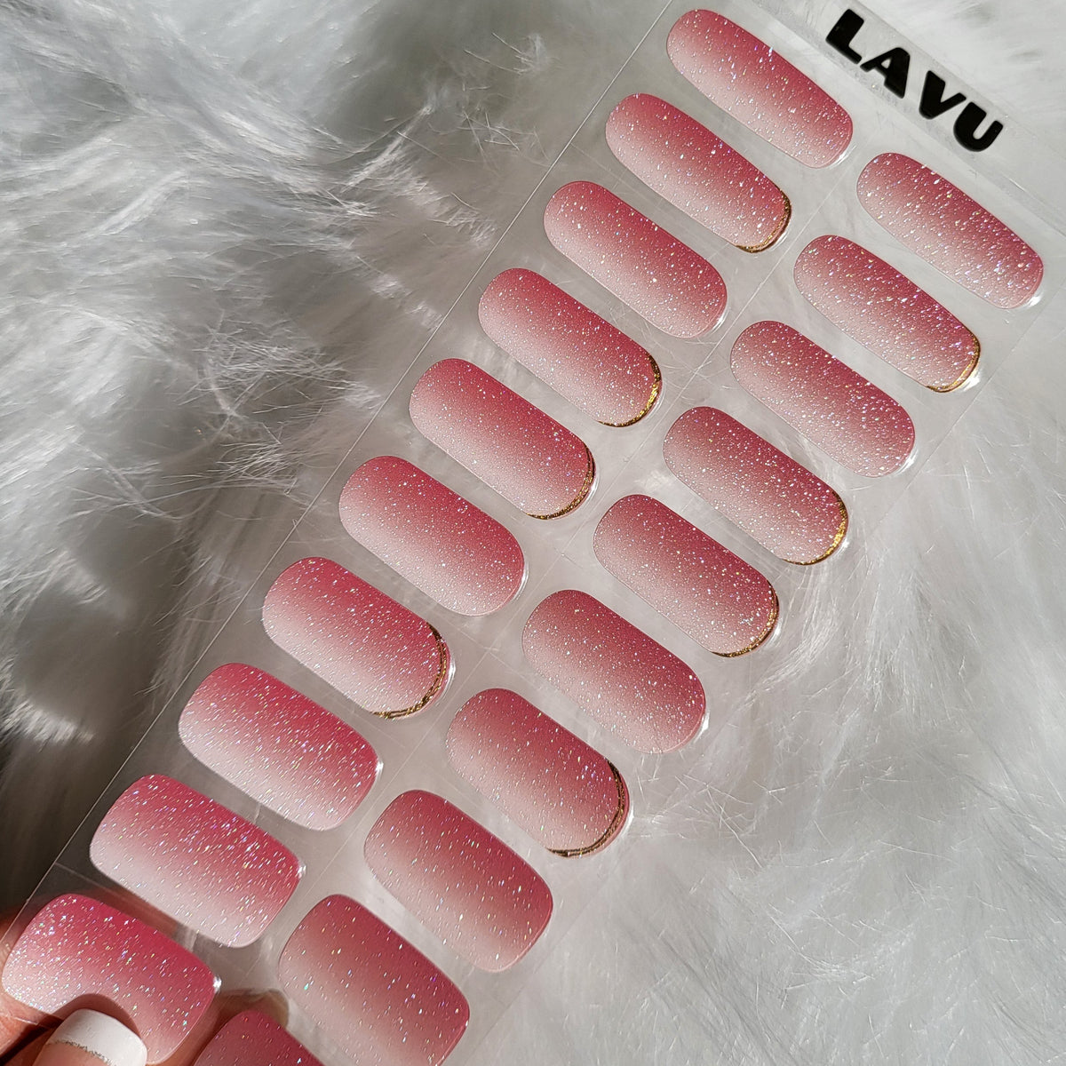 Glamberry berry pink gradient glitter semi-cured gel nail strips by LAVU