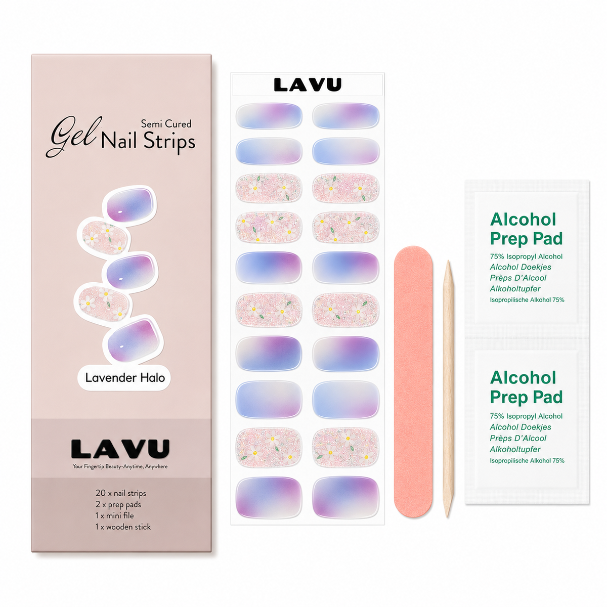 Lavender Halo lavender blue gradient floral glitter semi-cured gel nail strips package inclusion by LAVU