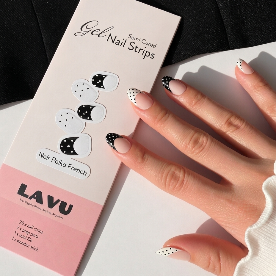 Noir Polka French black and white polka dot semi-cured gel nail strips by LAVU