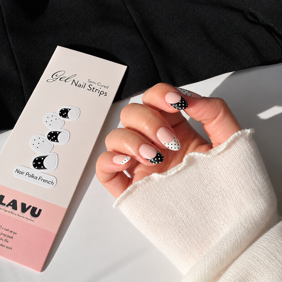 Noir Polka French black and white polka dot semi-cured gel nail strips by LAVU