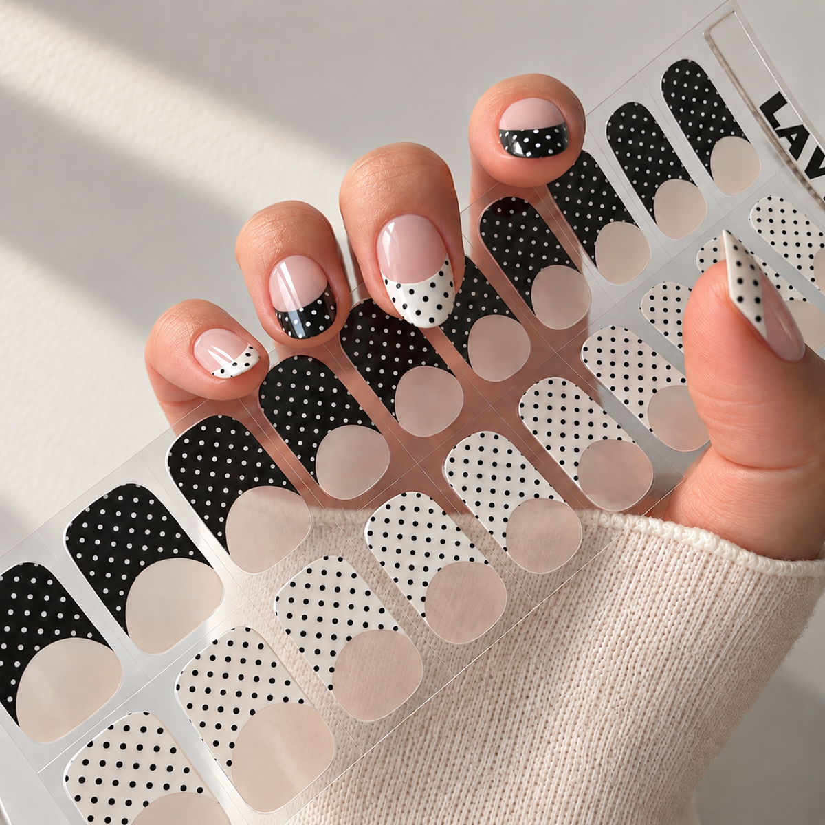 Noir Polka French black and white polka dot semi-cured gel nail strips by LAVU
